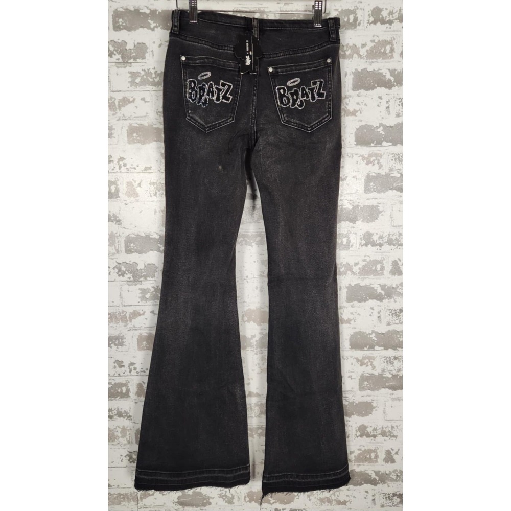 Forever 21 Bratz Flare Jeans 25 Black Y2K Rhinestone Logo Distressed Raw Hem - Picture 7 of 16